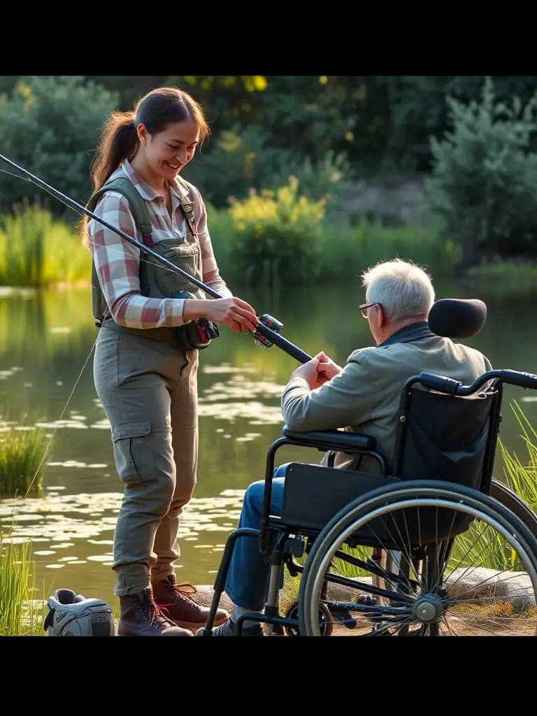 A volunteer assisting a disabled individual with fishing equipment at the O'FIL DE L'O pond, ensuring everyone can participate in the recreational activity.
