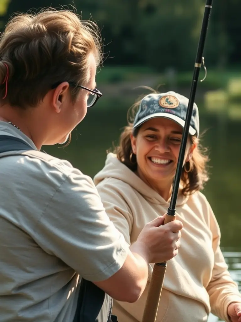 A close-up shot of a volunteer assisting a person with a disability in enjoying a fishing experience at the O'FIL DE L'O pond.
