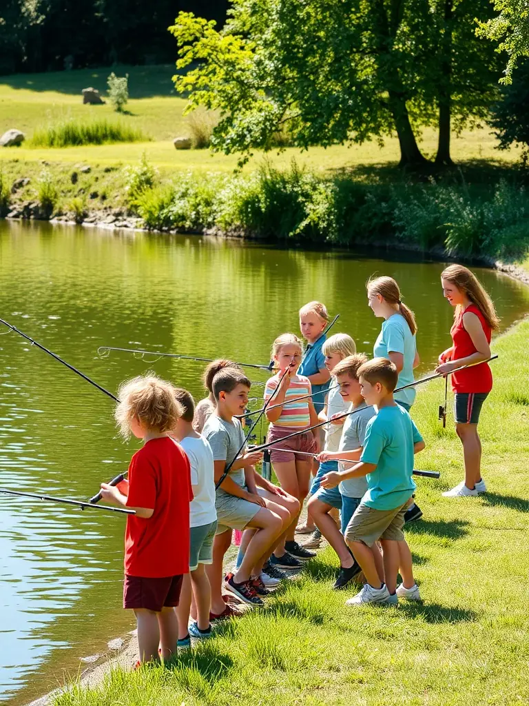 An image of diverse participants of all ages enjoying a sunny day of fishing at O'FIL DE L'O, emphasizing the accessibility and inclusivity of the activity.