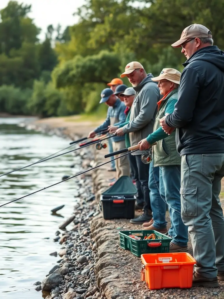 A group of children learning to fish at the O'FIL DE L'O pond, with instructors demonstrating casting techniques and safety measures.