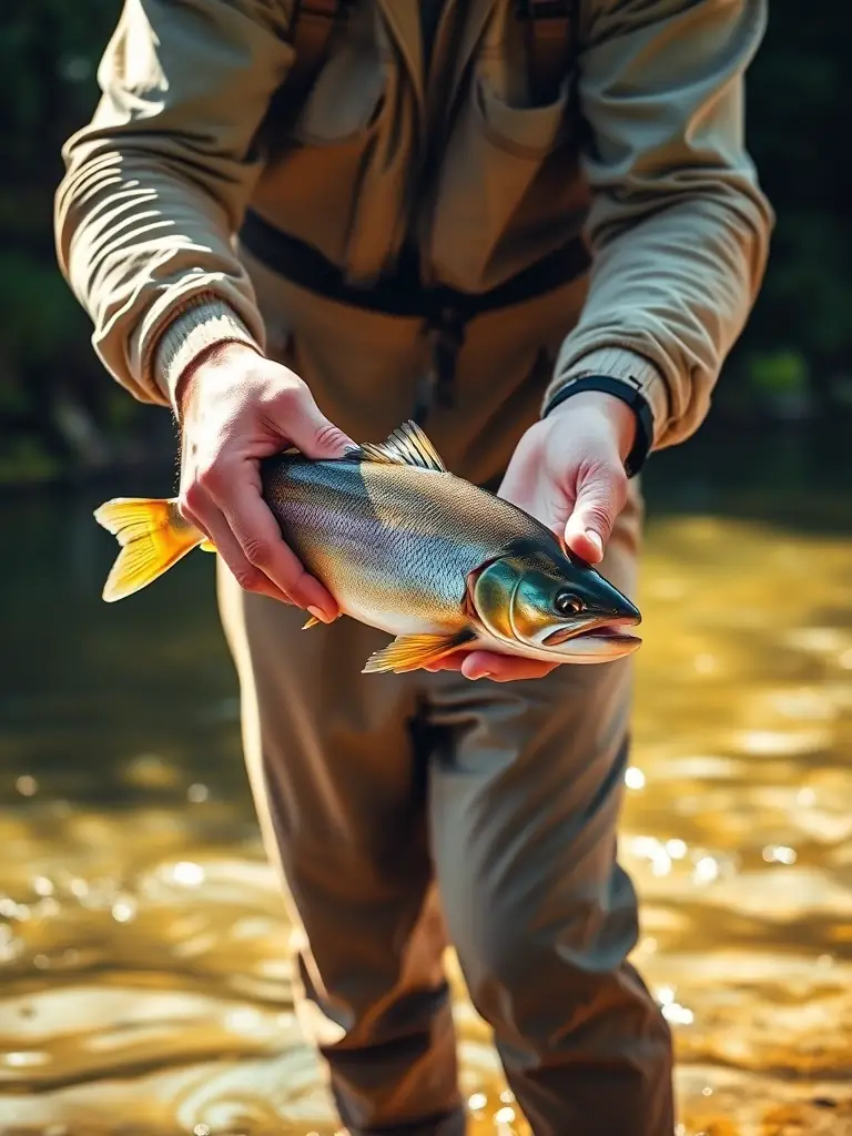 A close-up shot of a participant carefully releasing a fish back into the water, emphasizing responsible fishing practices and environmental stewardship.