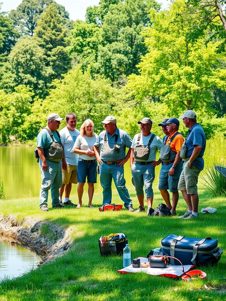 A group of adults laughing and sharing stories while fishing together at an O'FIL DE L'O event, highlighting the social aspect of the activity.