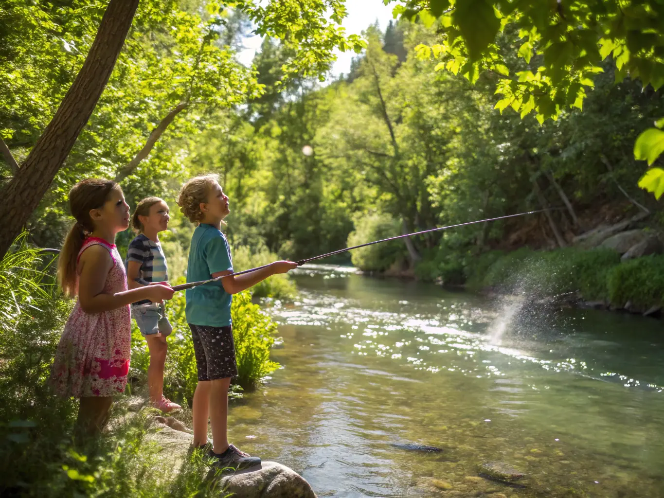 A photo of children and adults enjoying a fishing day at the private pond, with smiles and laughter evident. The image should capture the joy and community spirit of the event.