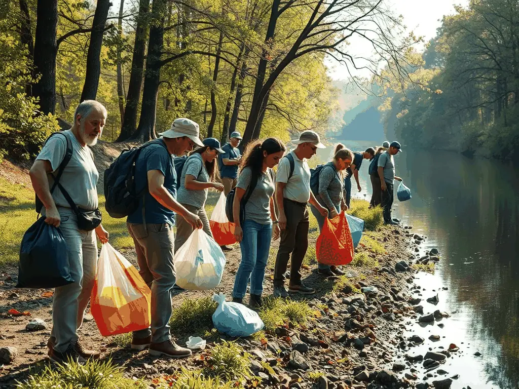 A group of volunteers cleaning up the area around the pond, picking up trash and ensuring the natural habitat is preserved. The image should convey a sense of community and environmental responsibility.