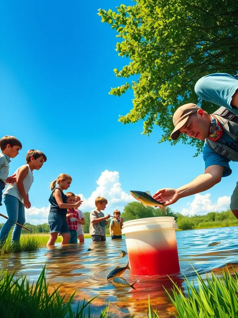 Participants releasing fish back into the O'FIL DE L'O pond during a catch-and-release program, emphasizing responsible fishing practices and environmental stewardship.