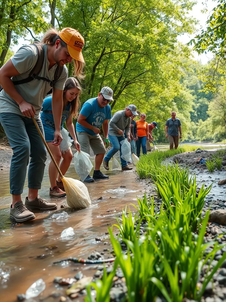 A diverse group of community members participating in a pond cleanup activity, removing debris and planting native vegetation.
