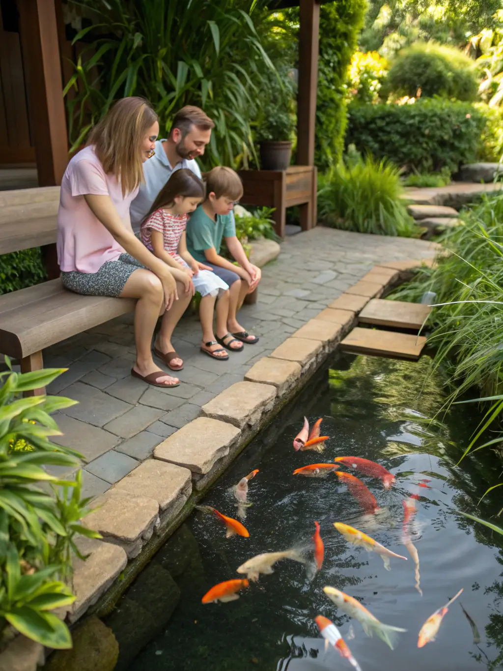 A family enjoying a day of fishing at the O'FIL DE L'O private pond, with smiles and laughter as they bond over their shared experience.