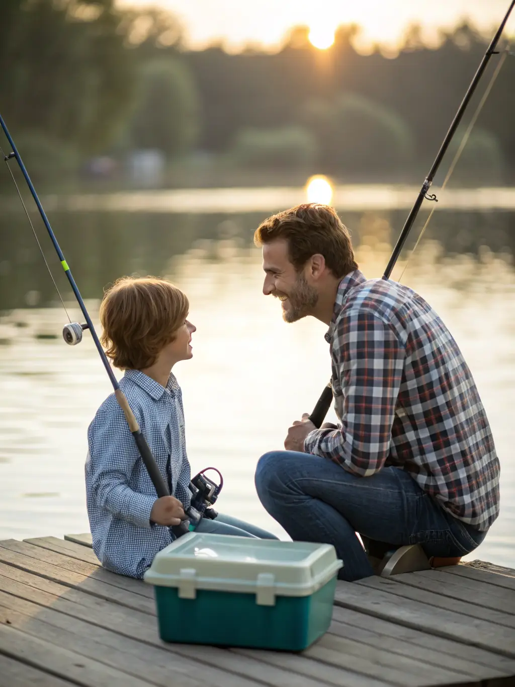 A serene image of a child happily reeling in a fish at O'FIL DE L'O's private pond, showcasing the joy of outdoor recreation.